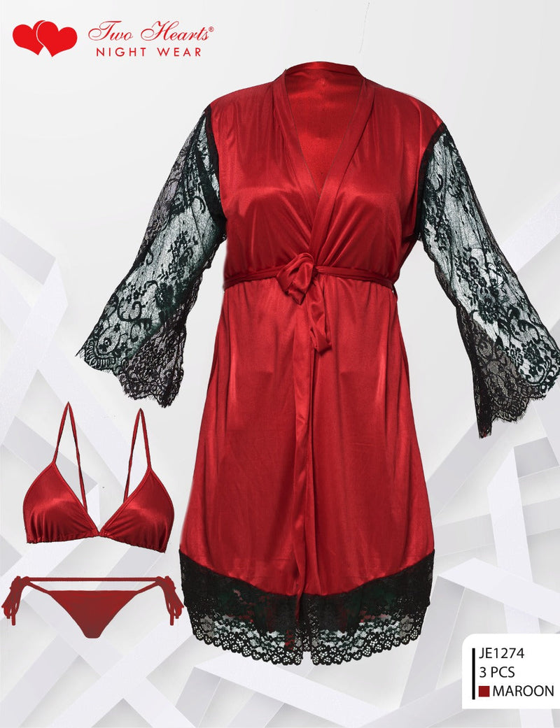 Two Hearts 3 piece Bra panty Gown Style And Net sleaves