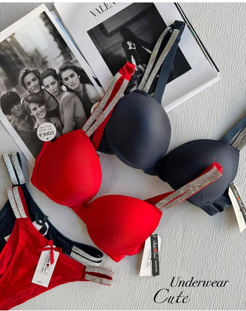 (5050Sale)Shine straps push up padded Wire bra set