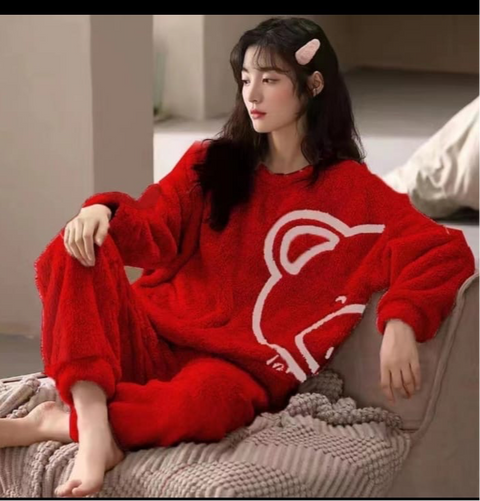 New Year Sale50/50RED BEAR WINTER FLEECE COORD SET NIGHT DREES