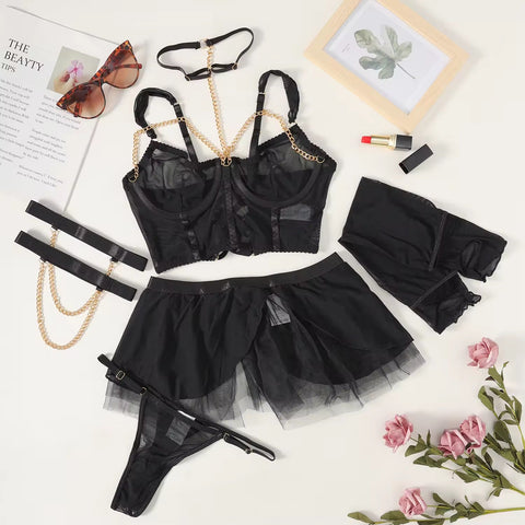 Women's 5 Piece Lingerie Set Chain Decoration Ruffle
Corset Babydoll Lingerie Skirt With Gloves