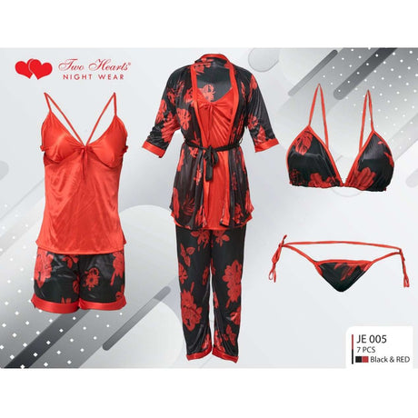 Two Hearts 7 piece Silk Nighty With Printed Design - Mighty Nighties