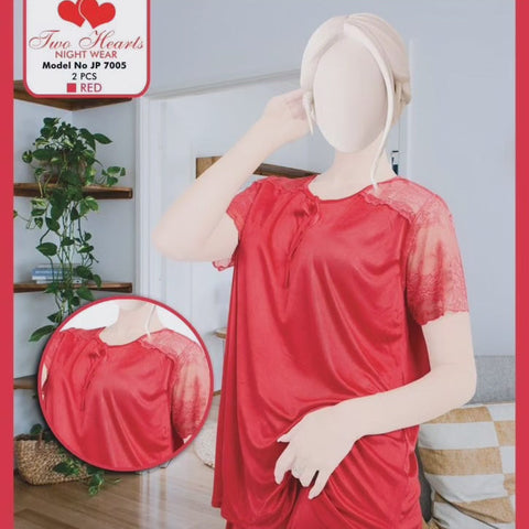 Two hearts 2 piece silk night suit with Net lace