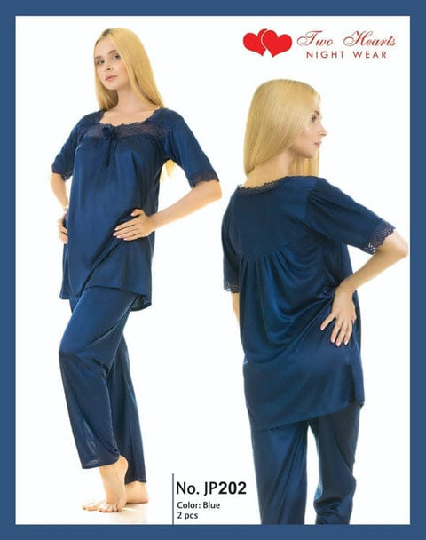 Two Hearts 2 Piece Silk Pajama Shirt With Front Net Lace