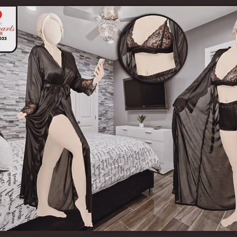 Two Hearts 3 piece Net Bra panty With Long Gown Style nighty