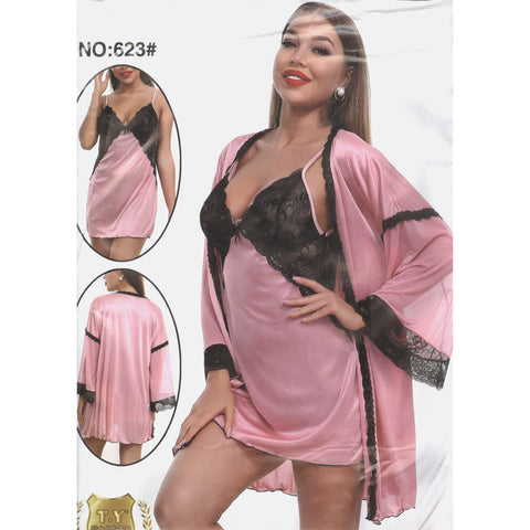 Women 3 Piece Silk Short Nighty With VNeck Shape And Net lace - Mighty Nighties