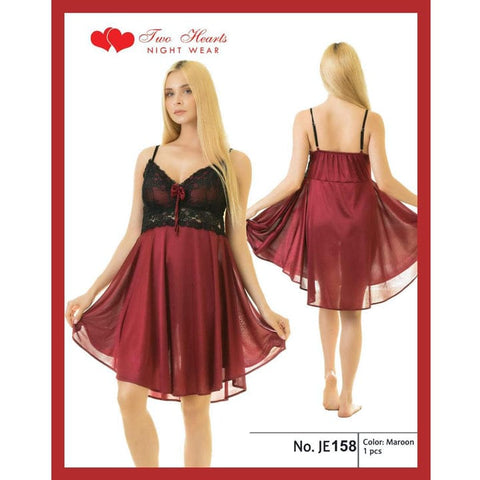 Two Hearts 1 Piece Short Silk Nighty With Embroidery Lace - Mighty Nighties