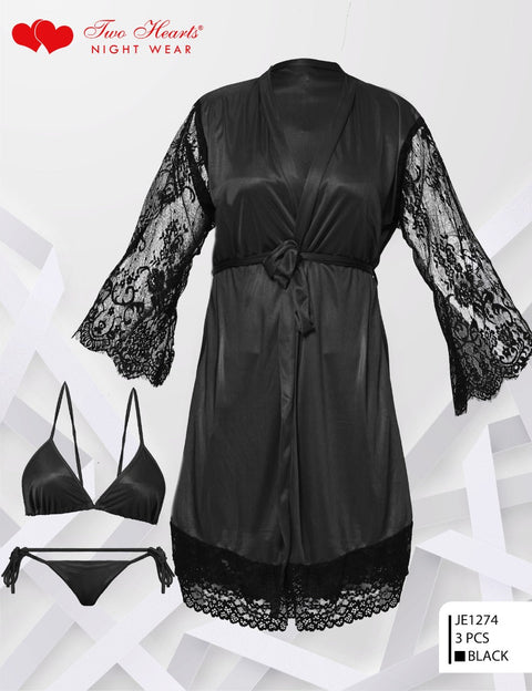 Two Hearts 3 piece Bra panty Gown Style And Net sleaves - Mighty Nighties