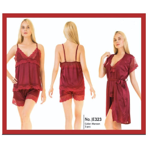 Two Hearts 3 piece Silk Short Nighty With Gown Style