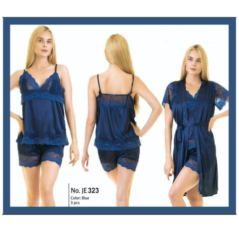 Two Hearts 3 piece Silk Short Nighty With Gown Style