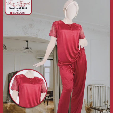 Two hearts 2 piece silk night suit with Net lace