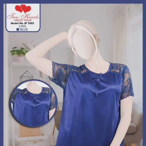 Two hearts 2 piece silk night suit with Net lace